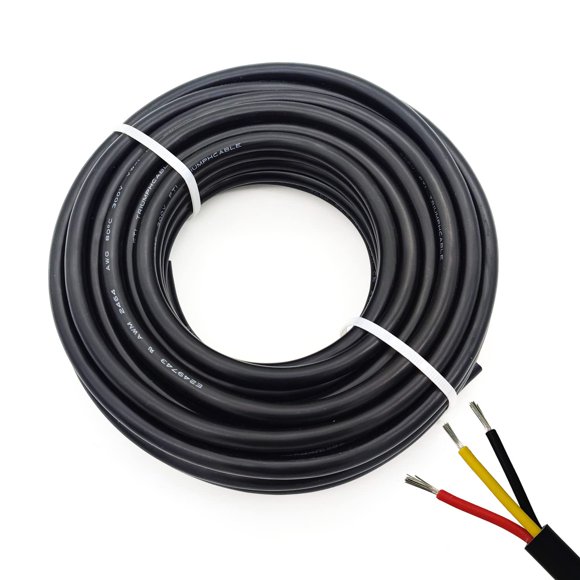Cable de alimentación 22Awg Ul2464 Cable eléctrico trenzado Led rojo, negro y amarillo 3 conductores cobre estañado (2464-22Awg-3C- 25 pies)