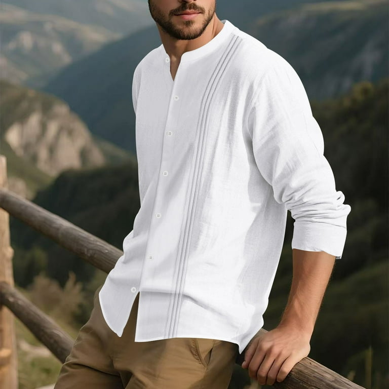 Men's Linen Blend Dress Shirts Stand Collar Lightweight Button Up Blouse  Long Sleeve Pleated Casual Travel Fall Tops (XL, Black)