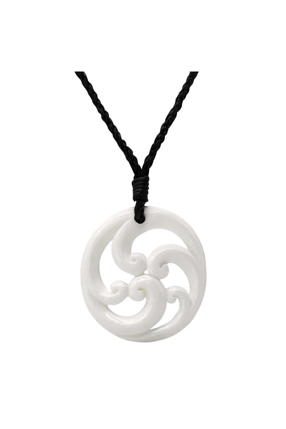 Women's Men's Hand Carved Bone Round Moari Five Koru Fern Frond Cord Pendant Necklace
