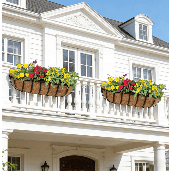 StarQualityBargain 24 Inch Railing Planter Box with Coco Liner, Metal Deck Rail Flower Box for Balcony, Porch, Fence, Outdoor Garden, 2 Pack