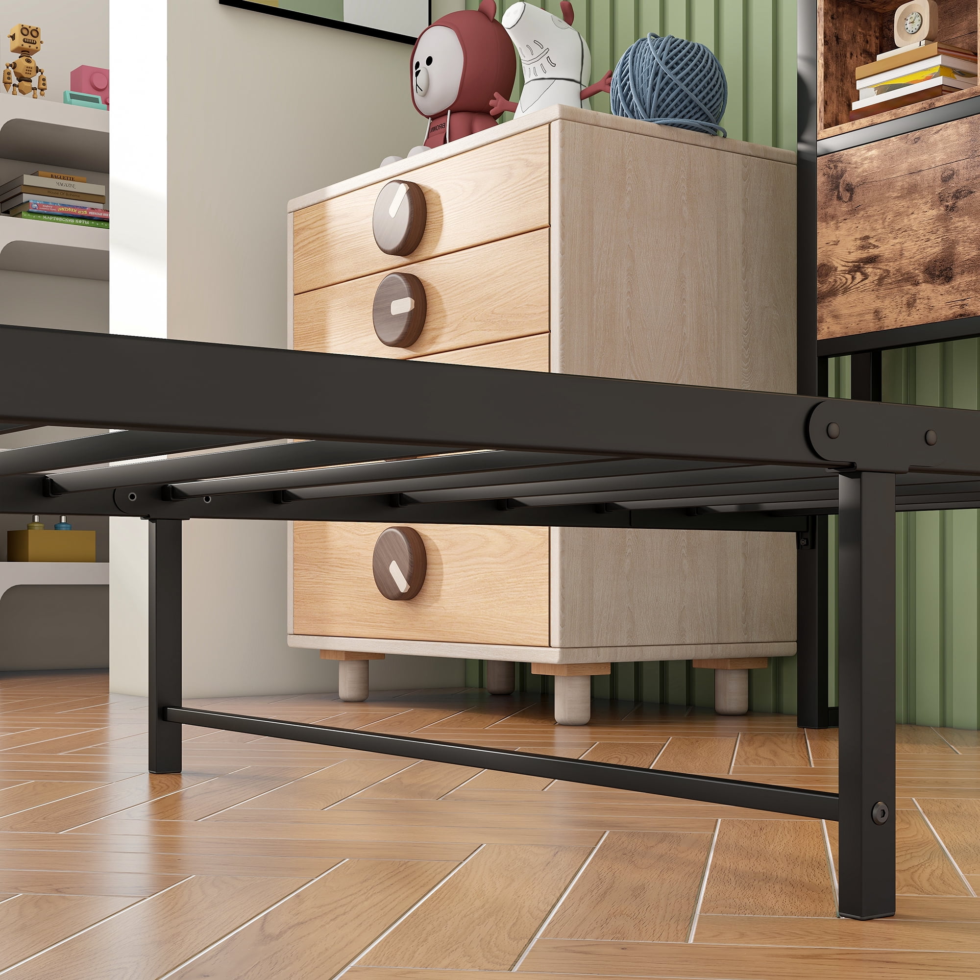 Twin Size Metal Platform Bed Frame with Storage Headboard - Charging Station, Bookcase, No Box Spring Needed