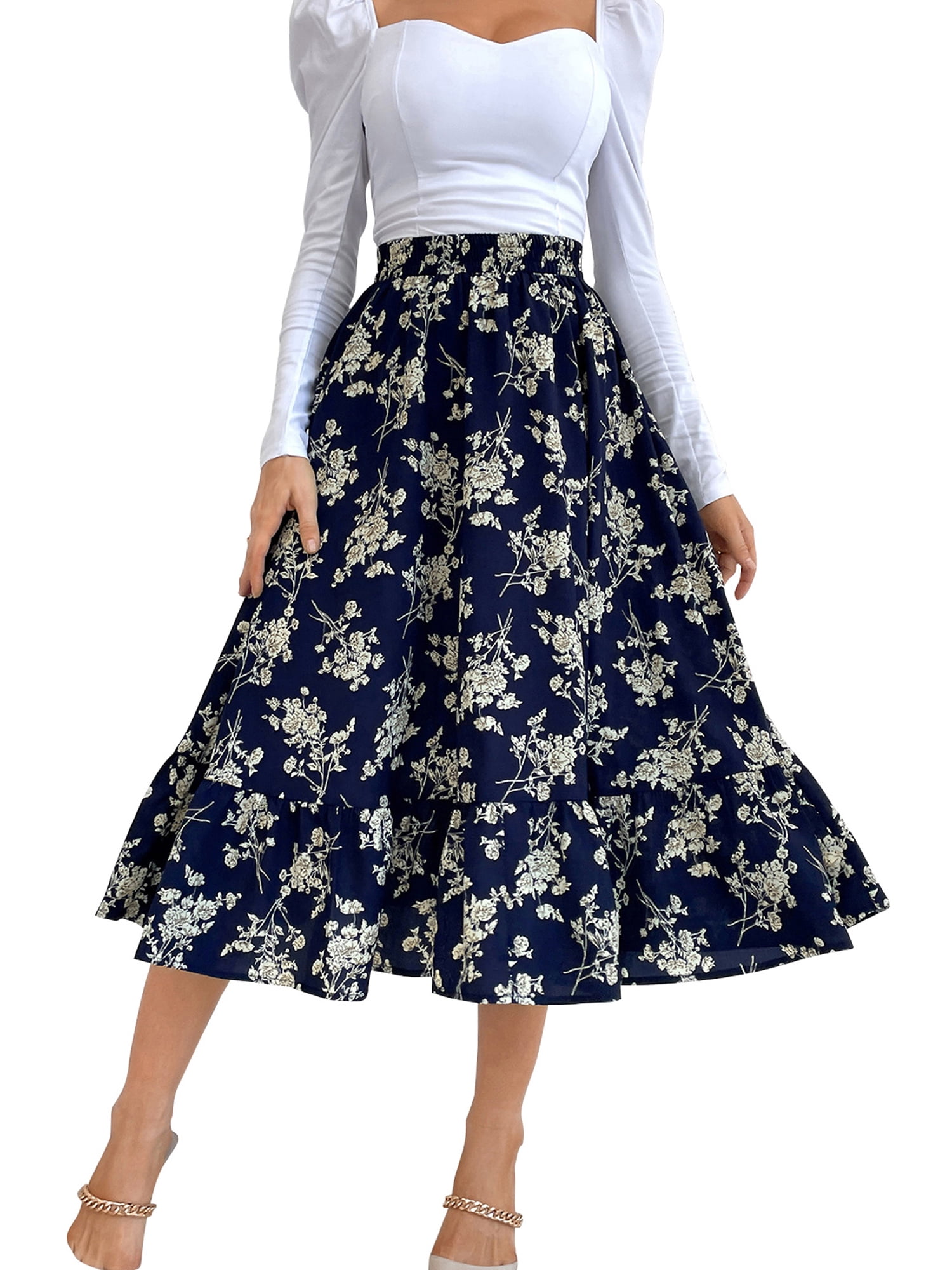 Womens Double Layer Elastic High Waist Pleated A-Line Skirts Plus Size Women Chiffon Knee Length Dress Street Skirt 