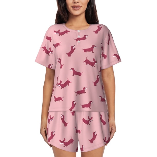 Balery Dachshund Dog Puppy Conjunto de Pijama para Mujer con Estampado, Dos Piezas de Manga Corta y Shorts, Ropa de Dormir Suave con Cuello Redondo y Bolsillos-3X-Large