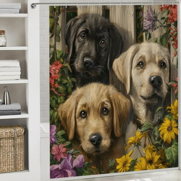 RKSupls Happy New Year Shower Curtain, Labrador Puppy Shower Curtain with Hooks for Christmas Home Bathroom Decor Washable Curtains, 72x72 in