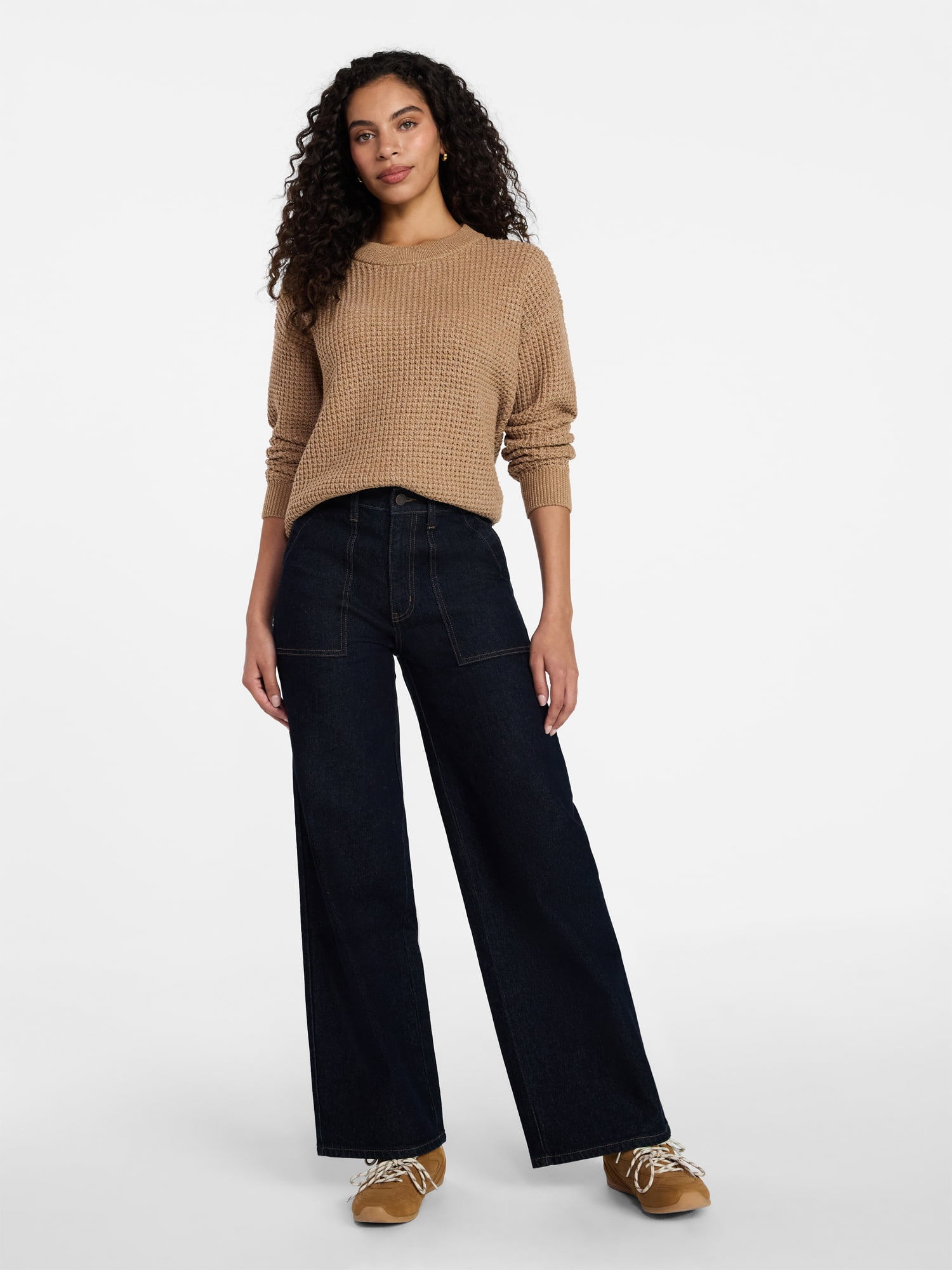 Time and Tru Women's Waffle Stitch Sweater with Long Sleeves, Sizes XS-XXXL
