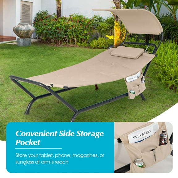 Resenkos Outdoor Chaise Lounge Chair, Patio Hanging Chaise Lounge Chair with Canopy Cushion Pillow and Storage Bag-Beige, Portable Recliner for Lawn Garden Beach Yard