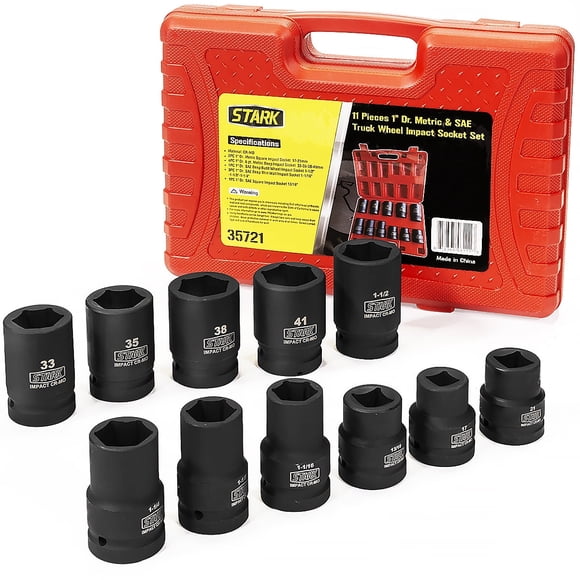 Stark USA - Juego de Vasos de Impacto 11 Piezas, Acero Cr-Mo, SAE & Metric, 6 Puntos + Estuche de Almacenamiento