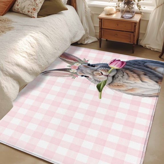 Area Rug for Living Room, Pink Easter Non-Slip Indoor Large Carpet for Bedroom/Dining Room, Bunny Tulip Checkered Elegant Pastoral Washable Low-Profile Rectangle Floor Runner Rugs - 4 x 6 Ft