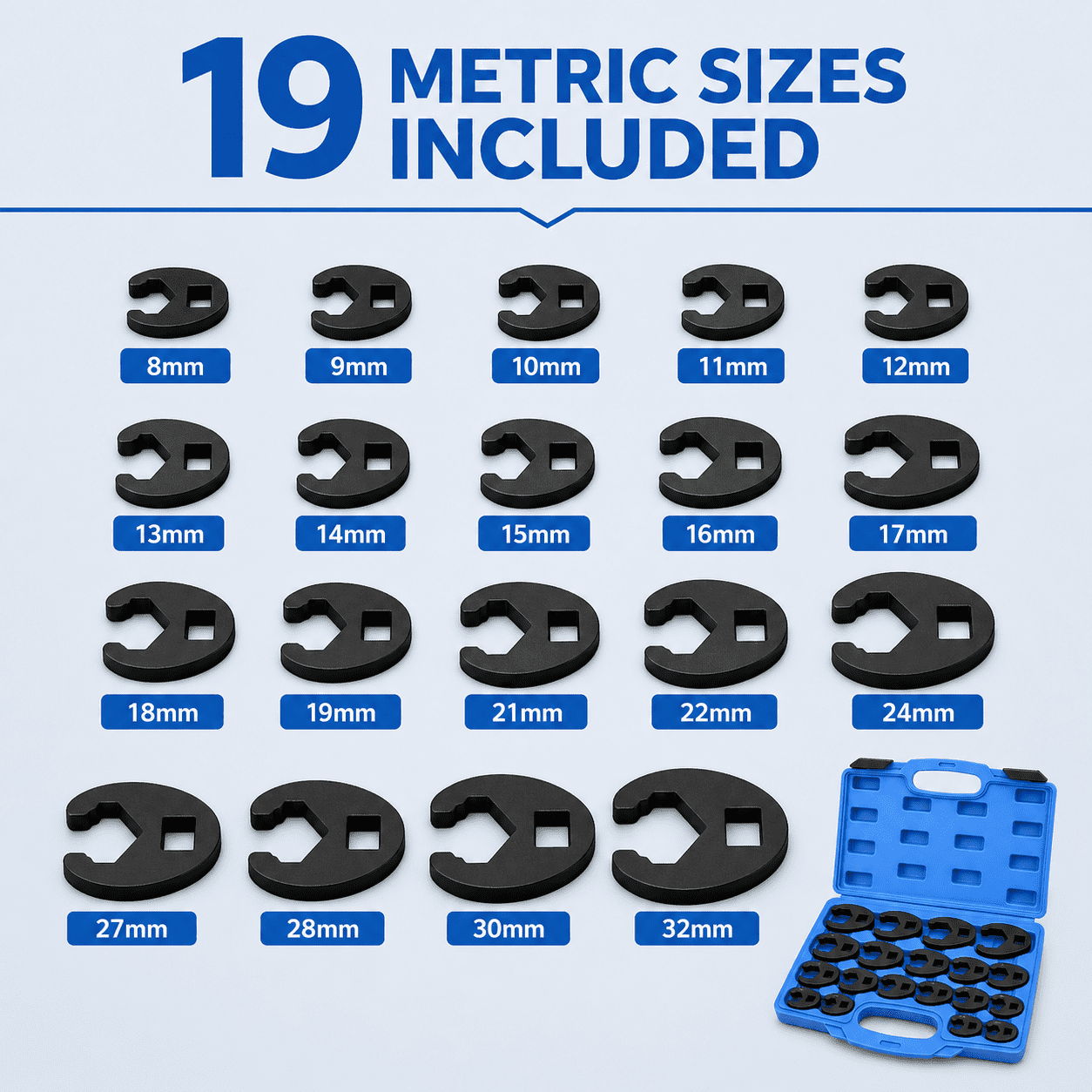 Crows Foot Wrench Set, 19-Piece Metric Crowfoot Wrench Set with 3/8" and 1/2" Drive Spanner for 8-32mm