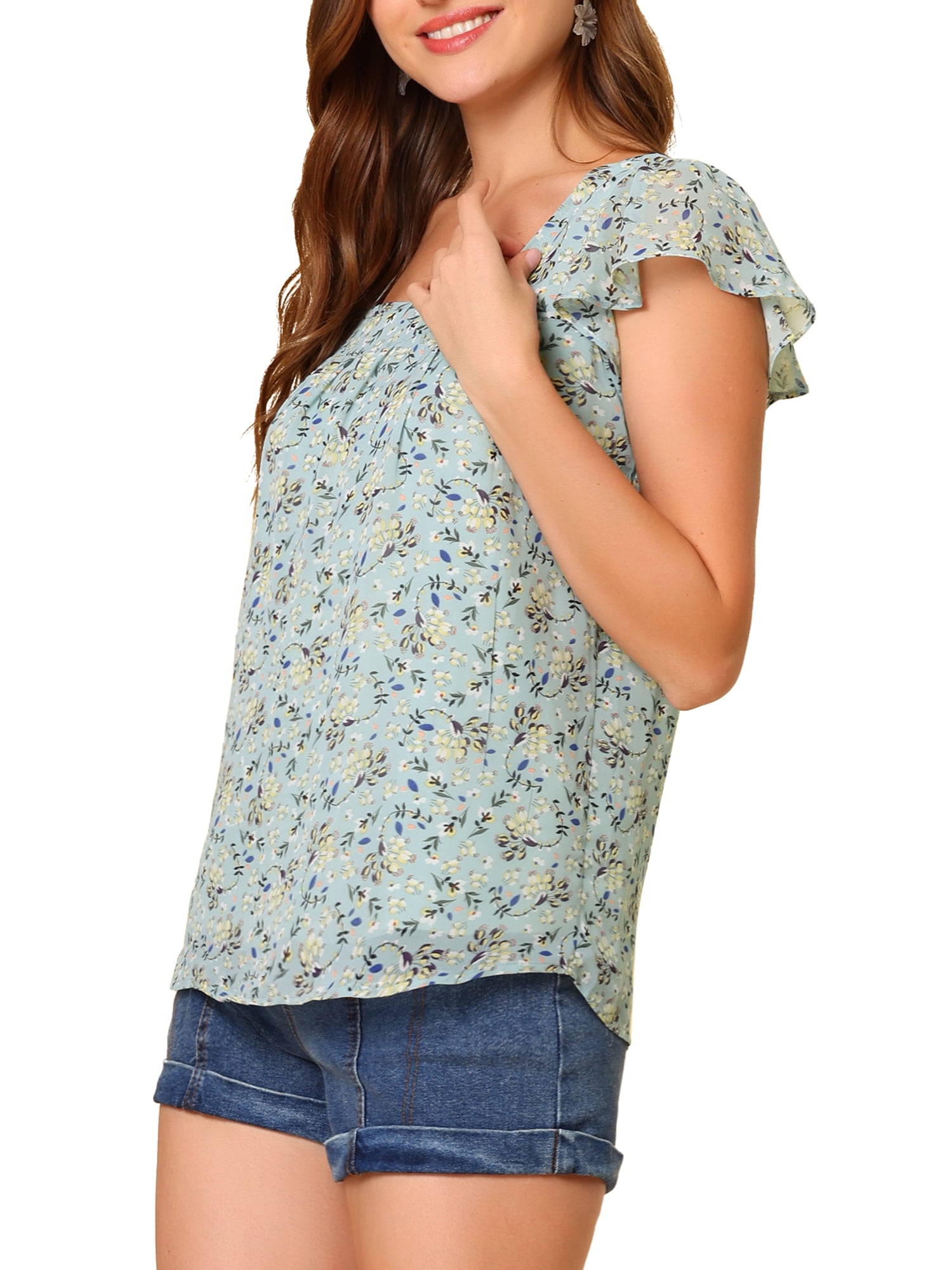 Unique Bargains Women's Square Neck Floral Ruffle Sleeve Chiffon Blouse Top S Mint Green Floral