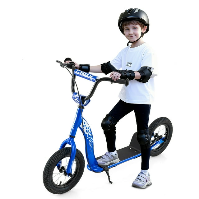Gymax Kids Scooter w/ Adjustable Height Handlebar 12'' Inflatable Wheels Handbrake Navy