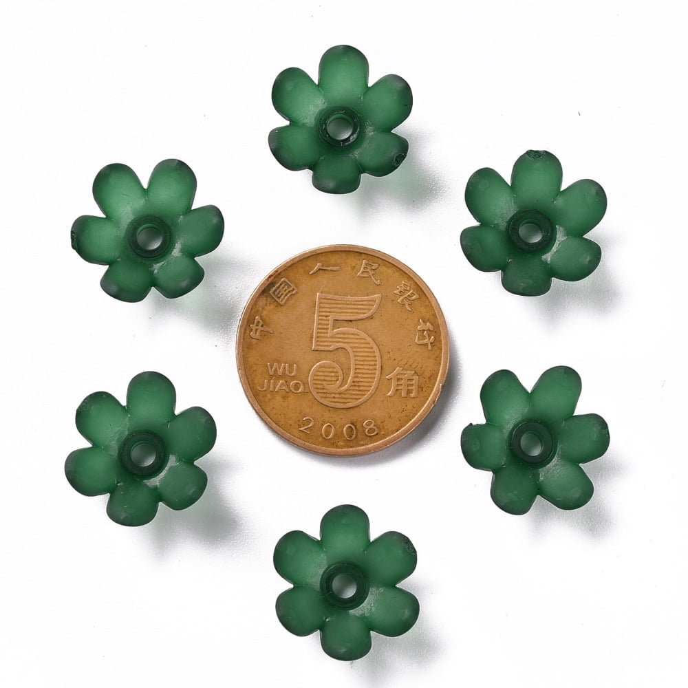Frosted Acrylic Bead Caps 6-Petal Flower Dark Green 14x6mm Hole: 2mm 1660pcs/500g