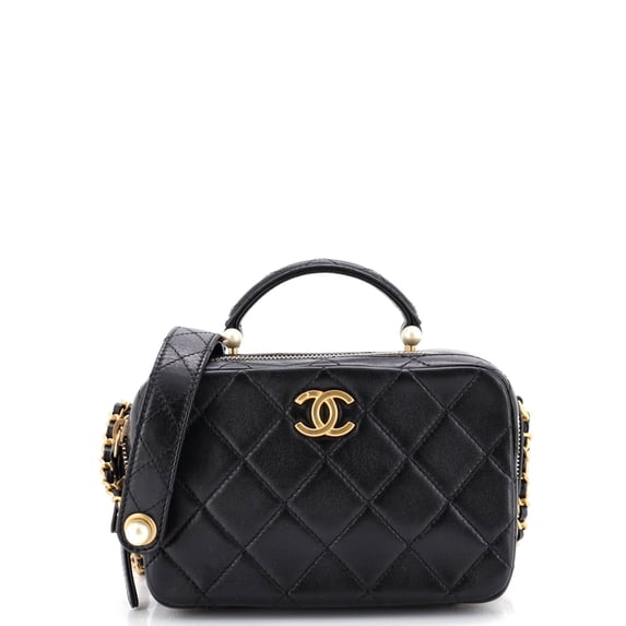 Pre-Owned CC Pearl Zip Around Top Handle Vanity Case with Chain Quilted Lambskin Small By Rebag