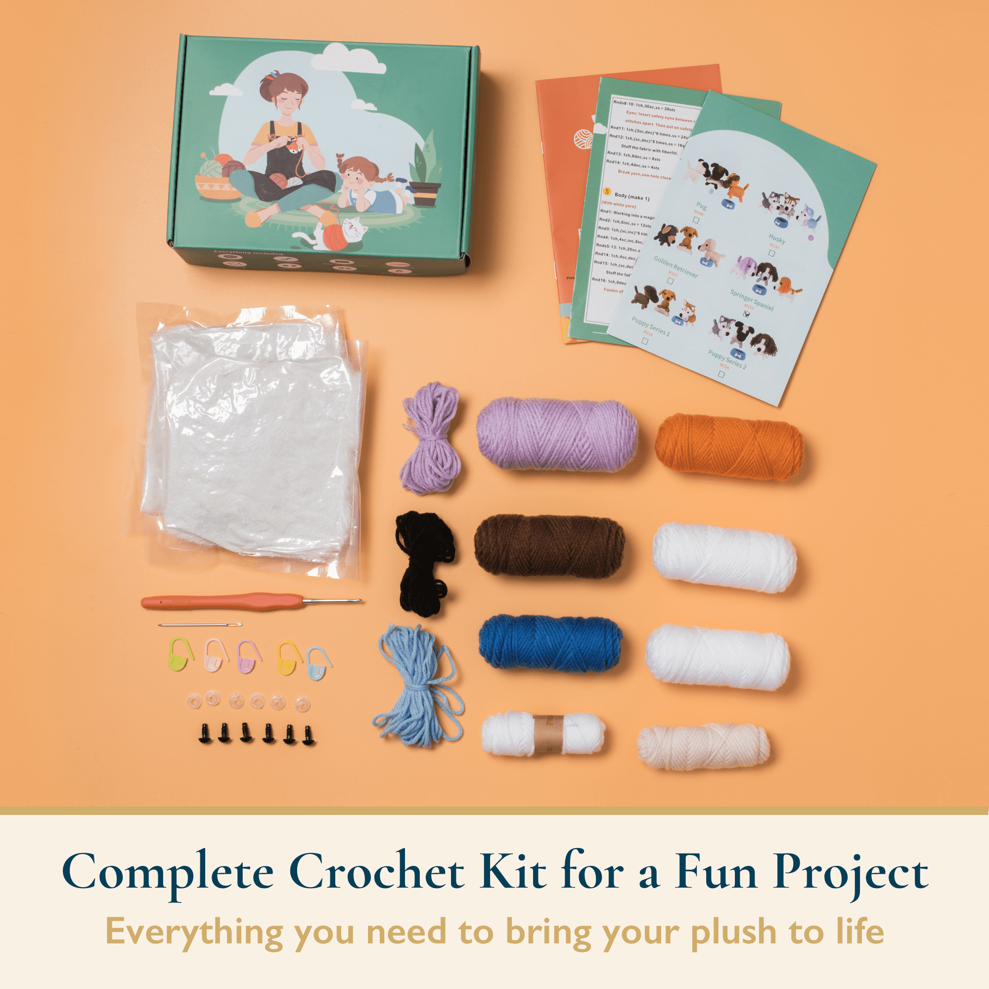 ComfiTime Crochet Kit for Beginners to Intermediate – Amigurumi Starter Kit w/ Video Tutorials & Step-by-Step Instructions, Complete Animal Craft Accessories for Adults, Kids & Gift Giving,Spaniels