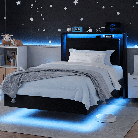 Einhomn Twin Size Floating Bed Frame with LED Lights & Charging Station,Wood Platform Bed Frame with Storage Headboard,Noise Free,No Box Spring Needed,Easy to Assemble-Black
