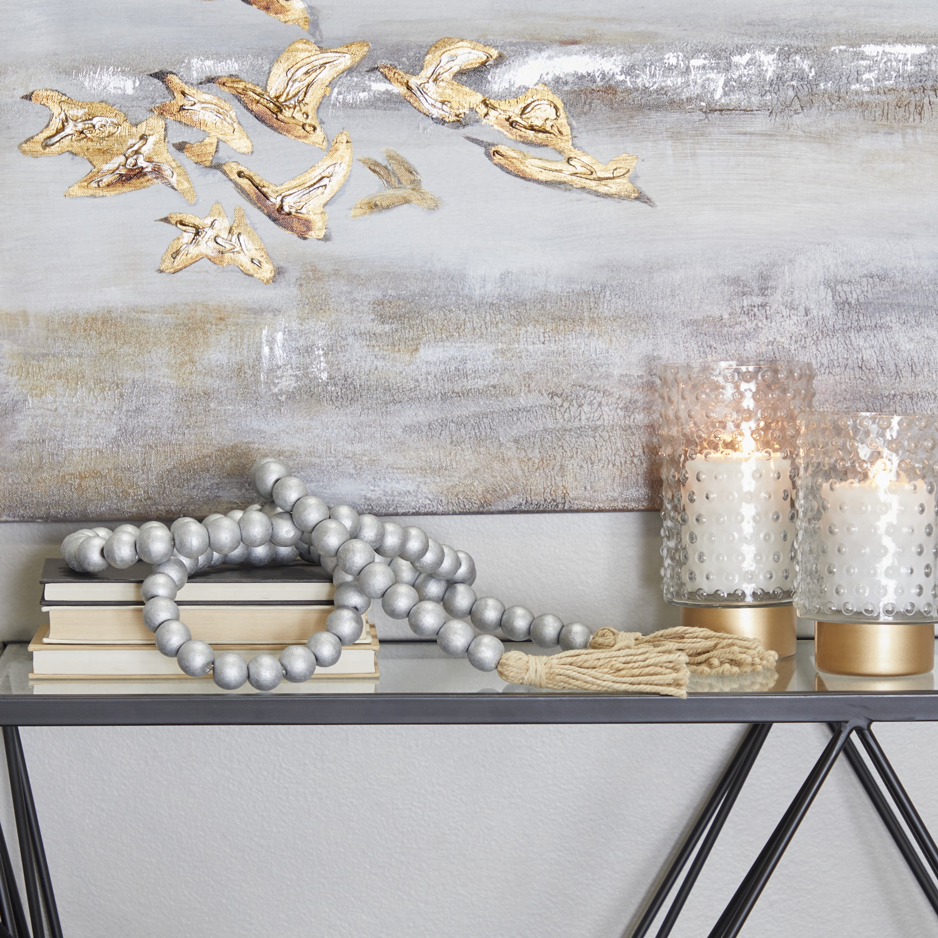 DecMode Handmade Round Metallic Long Carved Beaded Silver Mango Wood Garland with Tassel