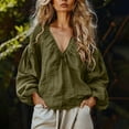 thumbnail image 2 of Tqcoqu Women's Linen Blend V-Neck Gathered Puff Long Sleeve Casual Blouse,Army Green Women's S-XXL, 2 of 7