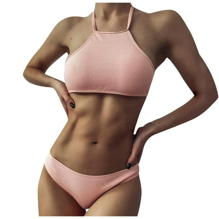Womens Bikini Sets Women s halter neck bikini plain pink lace-up lace-up split swimsuit female