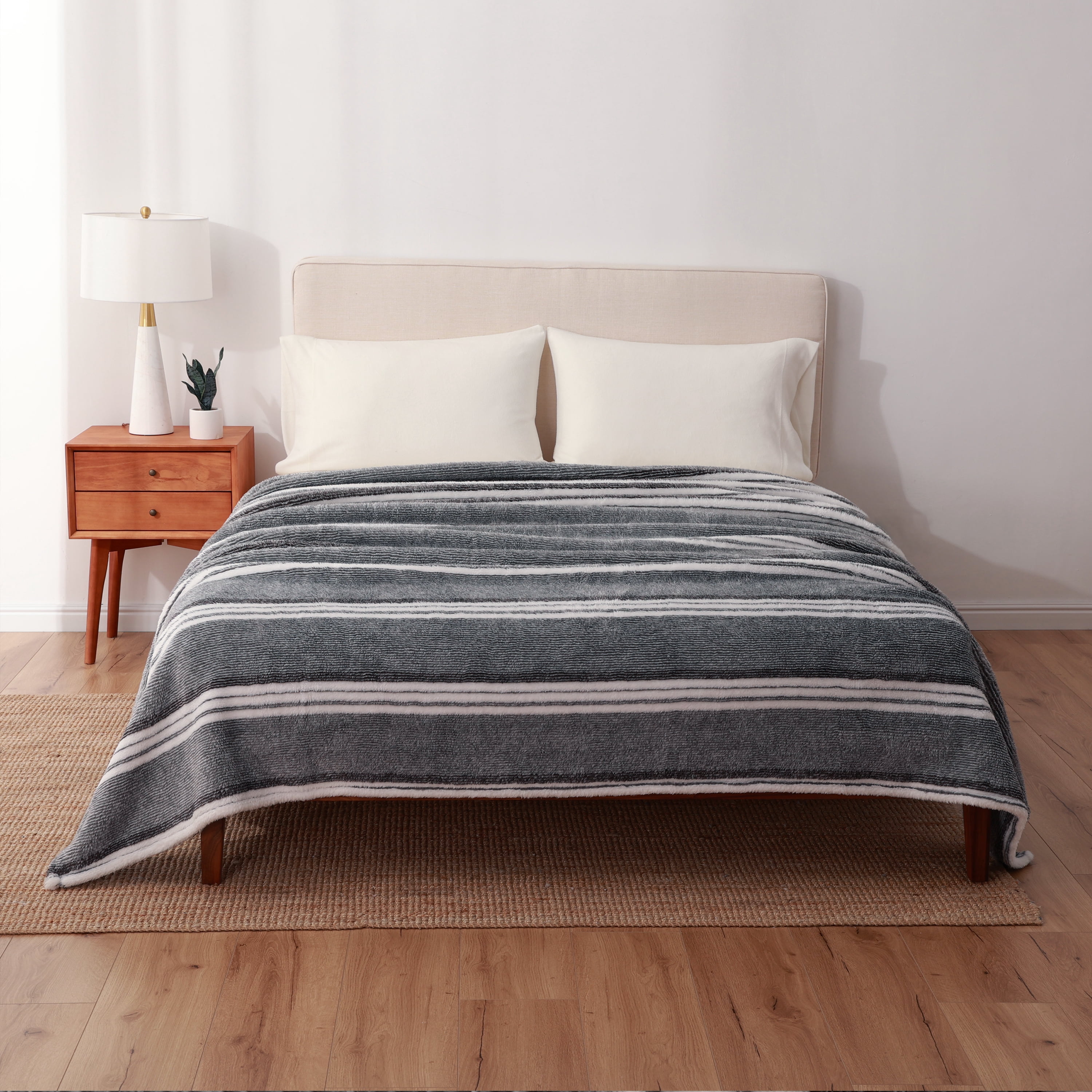 Berkshire Blanket Eco Plush Bed Blanket, Grey Stripe, King