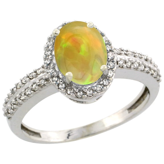 14K White Gold Natural Ethiopian HQ Opal Engagement Ring Oval 8x6mm Diamond Halo, size 5