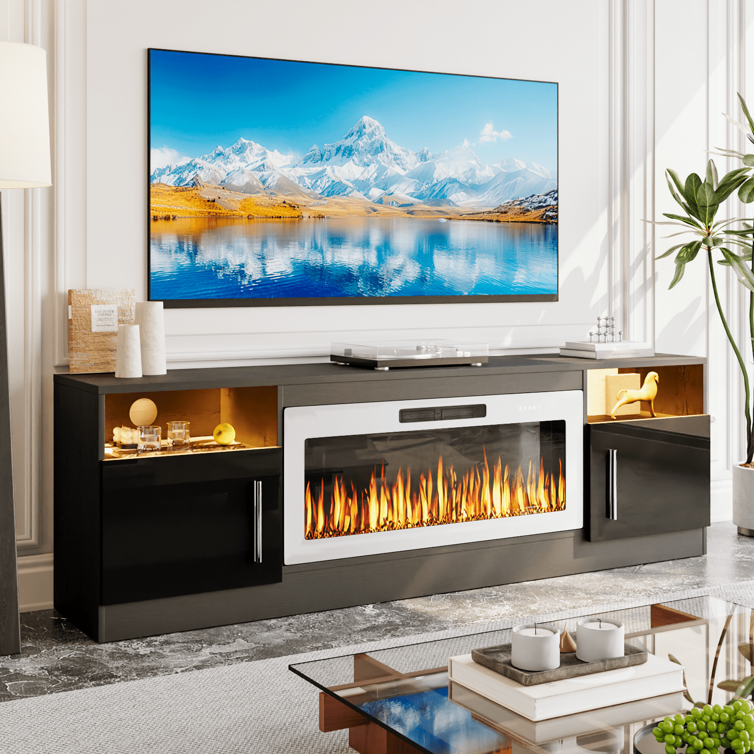 Black TV Stand with White Fireplace