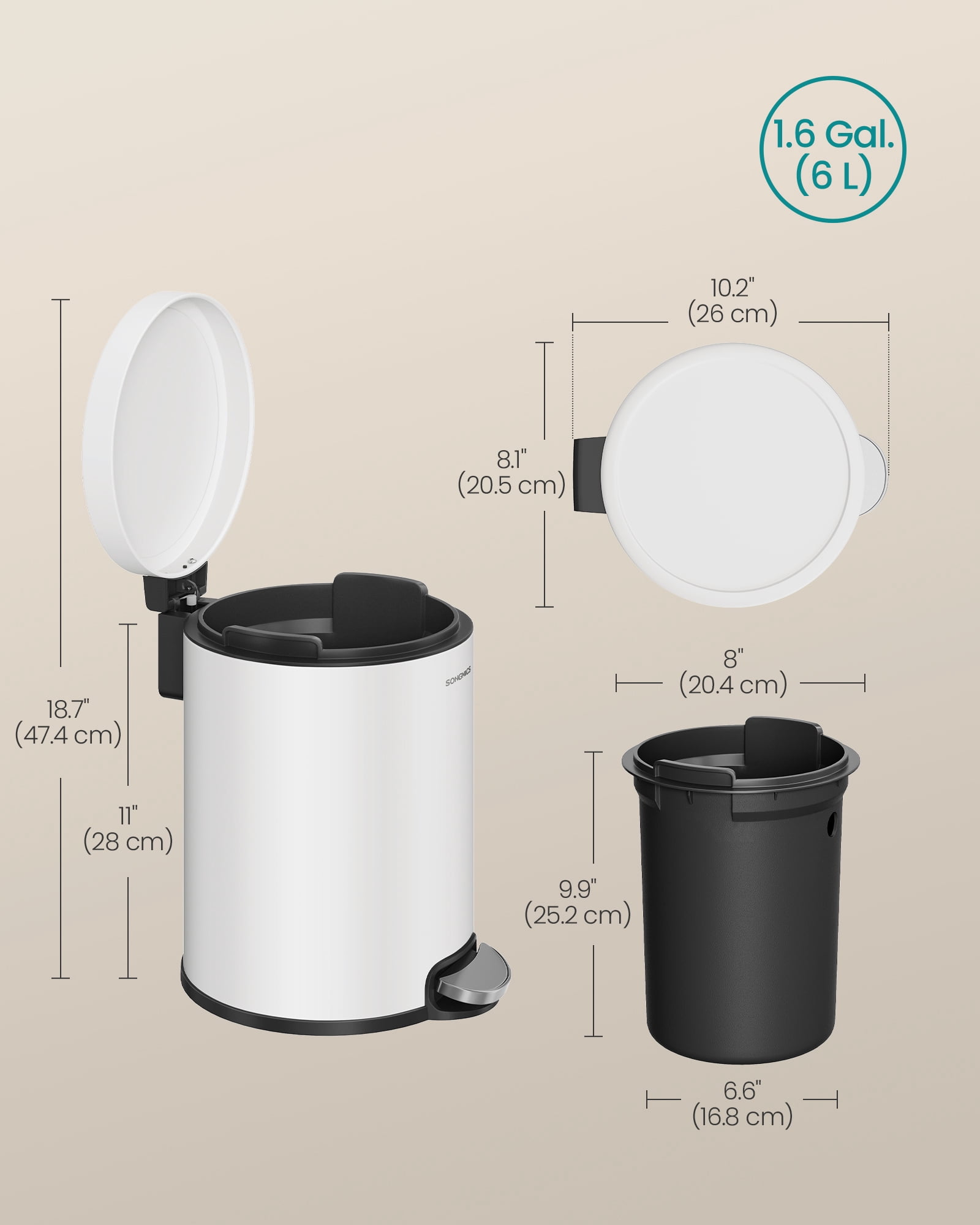 SONGMICS Bathroom Trash Can, 1.6 Gallon (6 L) Small Toilet Garbage Bin with Lid, Soft-Close, Stainless Steel, Pedal, Inner Bucket, Bedroom, Cloud White
