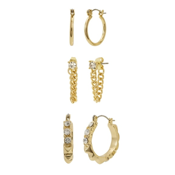 Madden NYC Women's Gold Tone Western Mixed Swag Chain & Hoop 3-Piece Earring Set