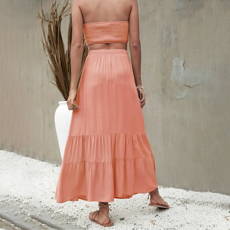 Women Summer Boho Elastic Waist Pleated A Line Flowy Swing Tiered Long  Beach Skirt Dress Maternity Skirts Skirt Slip Jean Skirt for Women Slip  Skirt