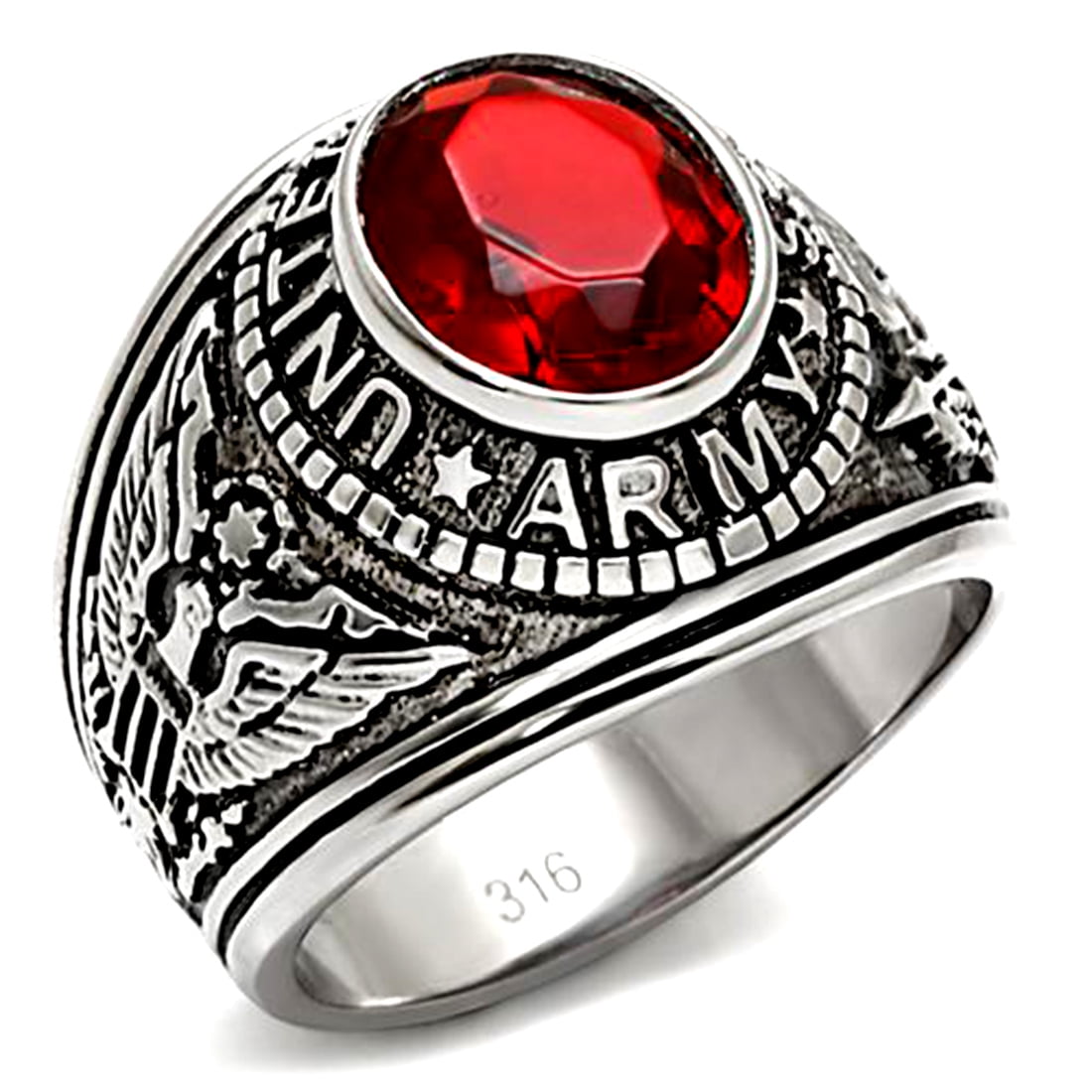 Crazy4Bling. Stainless Steel US Army Military Ring with Red Stone