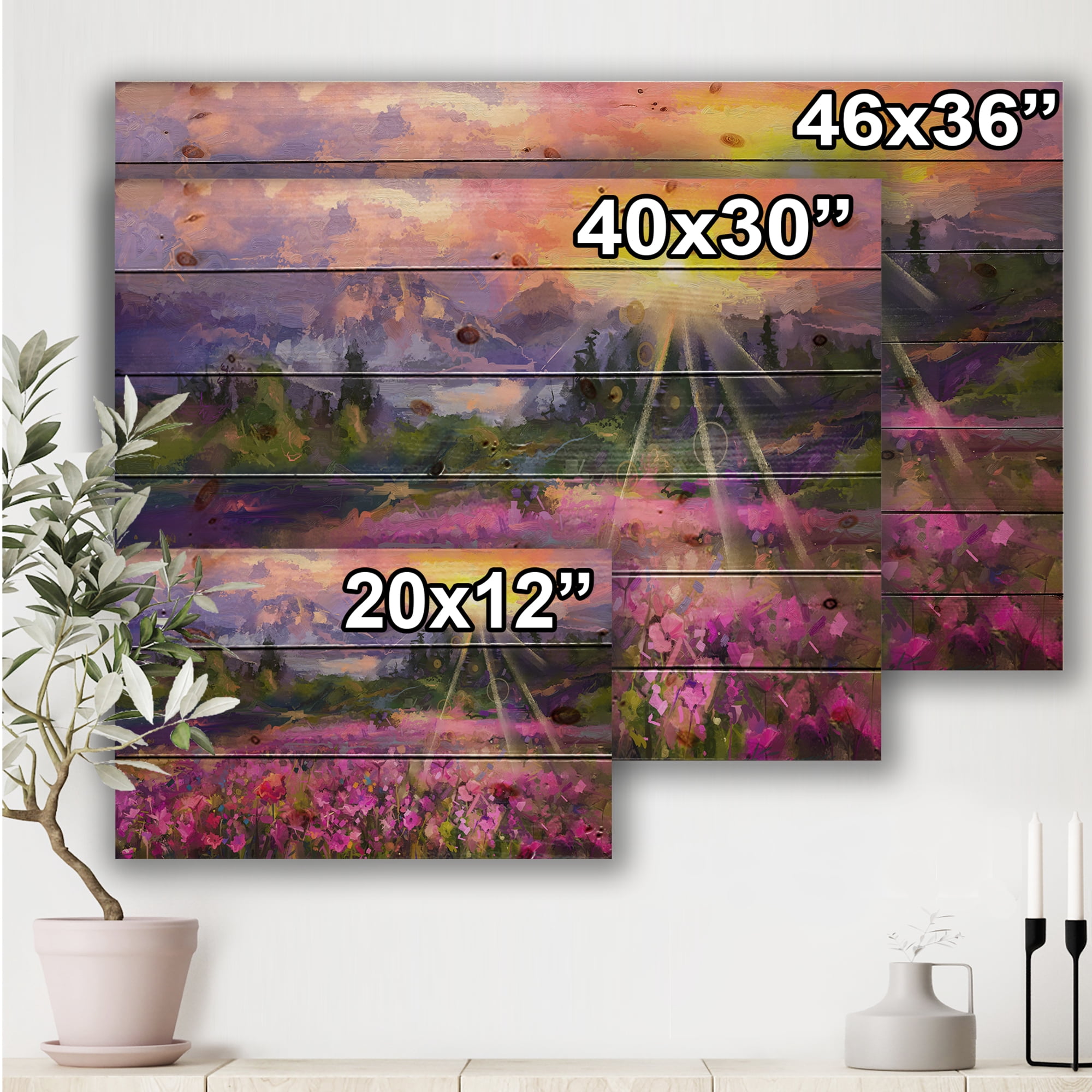 Designart 'Abstract Purple Cosmos Flowers With Bright Sun Over Mountainscape' Farmhouse Print on Natural Pine Wood