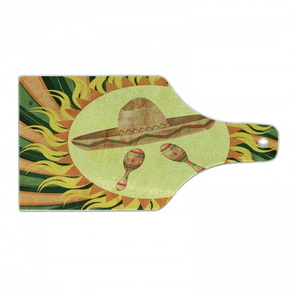 Mexican Cutting Board, Sombreno Hat and Maracas in the Centre of Sun Hippie Style Boho Home, Decorative Tempered Glass Cutting and Serving Board, Wine Bottle Shape, Multicolor, by Ambesonne