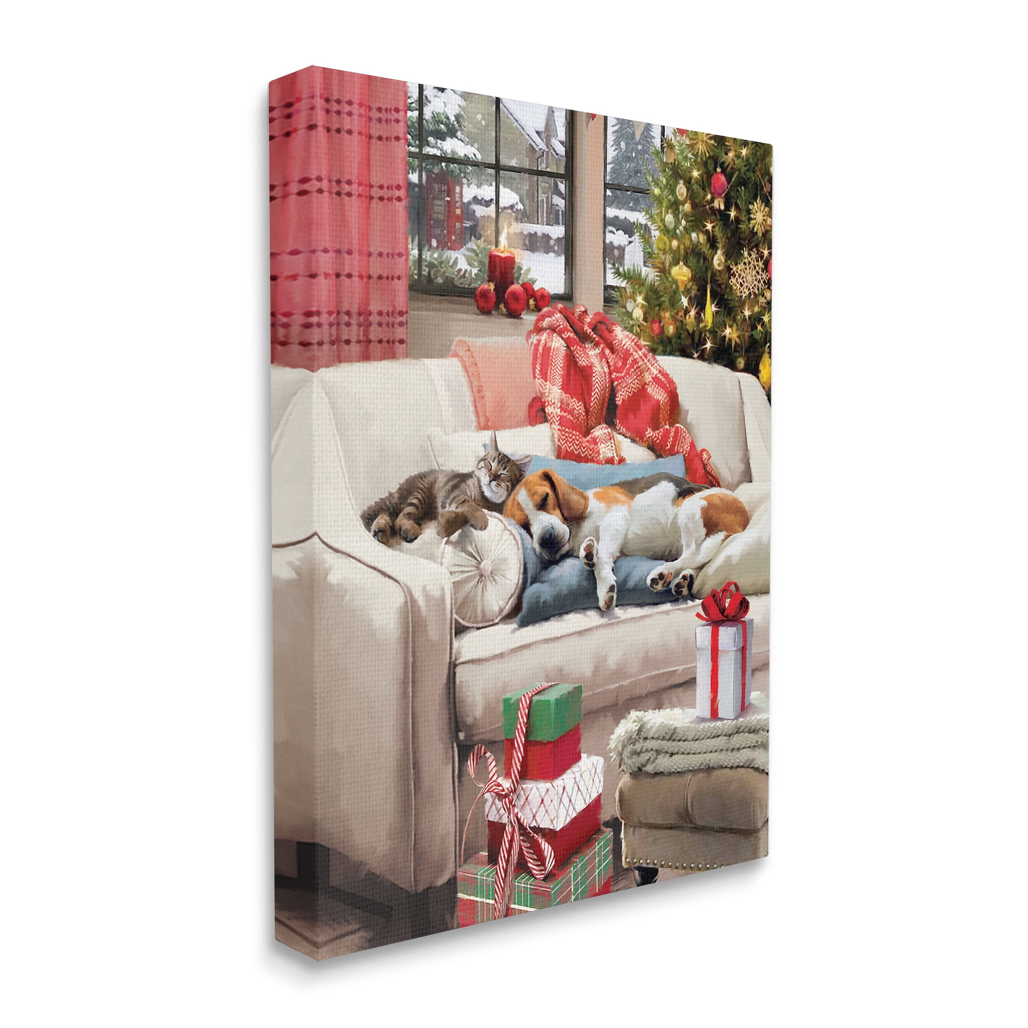 Stupell Industries Pets on Holiday Couch Holiday Painting Gallery Wrapped Canvas Art Print Wall Art, 16 x 20