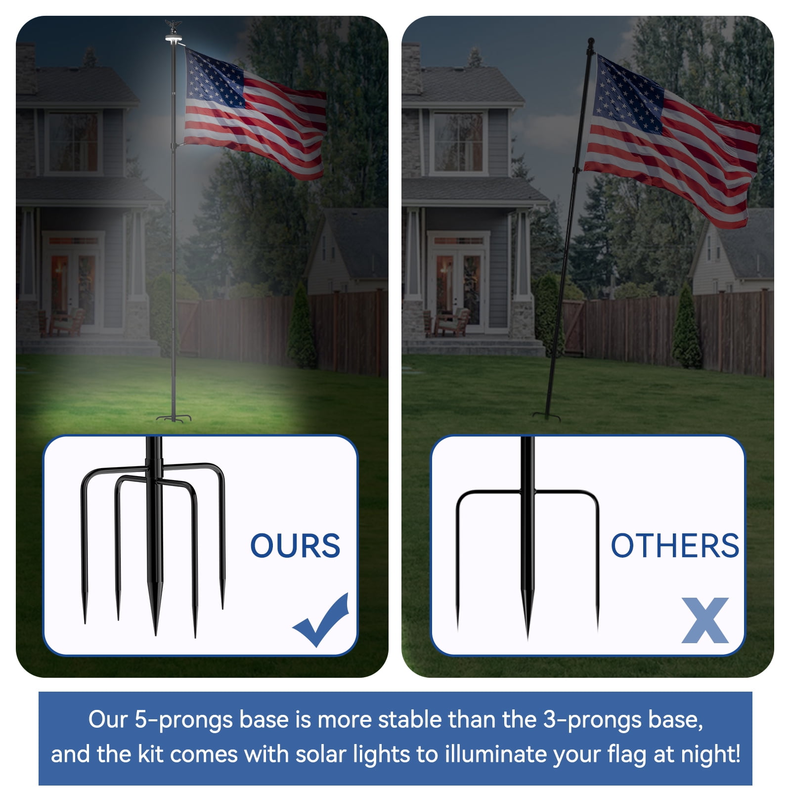 FIASON 9 FT Black Stainless Steel Tangle-Free Flag Pole Kit, Heavy Duty In-Ground Flagpole with Solar Light & 5-Prong Base for Yard, Garden & Commercial Outdoor Use, No Flag Included