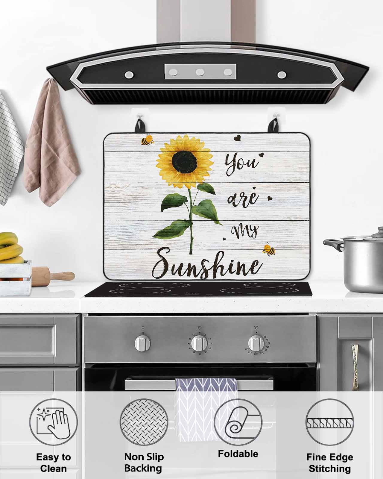 Large Induction Cooktop Protector Mat Sunflowers Stove Top Covers for Electric Stove, Farmhouse Retro Pastoral Floral Wooden Grain Decorative Stove Burner Cover Mats, Glass Top Stove Cover
