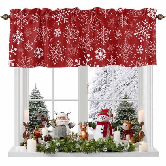 Kitchen Curtain Valances for Windows,Winter White Snowflake on Red Rod Pocket Small Valance Panel