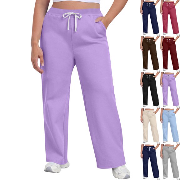 Admvng Women's Sweatpants Plus Size Solid Color Elastic Waist Pocket Drawstring Sports Pants Trousers L-4XL