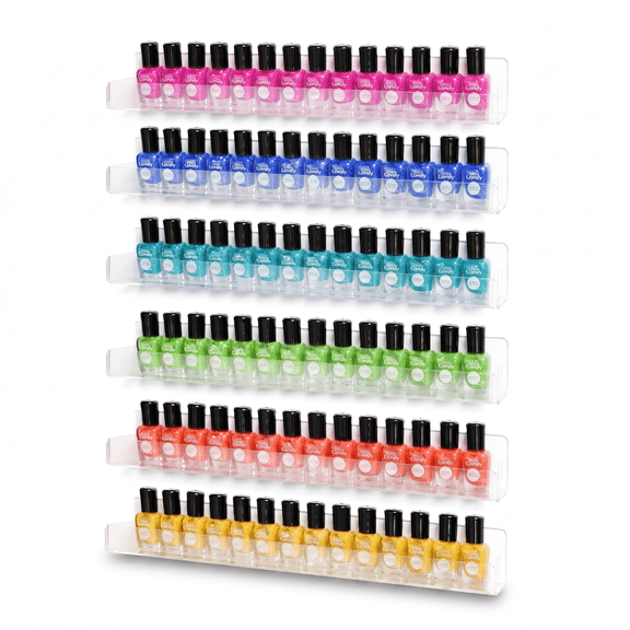 Umirokin Nail Polish Rack Wall Mounted, 6 Pack Clear Acrylic Nail Polish Organizer Shelf Holds 96 Bottles, 15" Wall Display Rack for Nail Polish, Lipstick, Perfume Storage with Anti-Slip Inserts