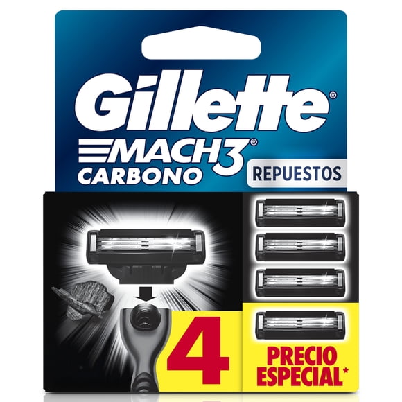 Cartucho de Rastrillo Gillette Mach3 Carbono con Carbón Activado y 3 Hojas, 4 pzas