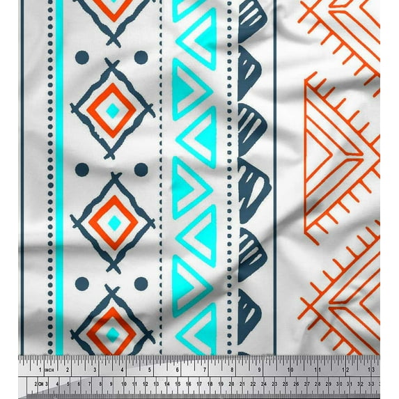 Soimoi White Heavy Satin Fabric Aztec Geometric Decor Fabric Printed Yard 54 Inch Wide