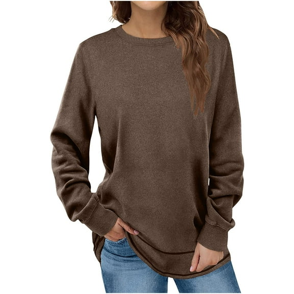 Solid Color Long Sleeve Tops for Women Winter Round Neck Pullover Trendy Loose Casual T-Shirt