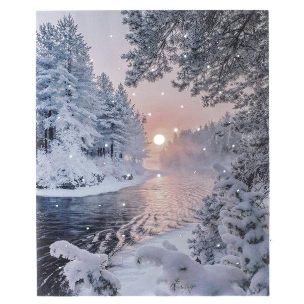 Oak Street Lighted Canvas w/Timer Winter River Scene (8x6 Tabletop