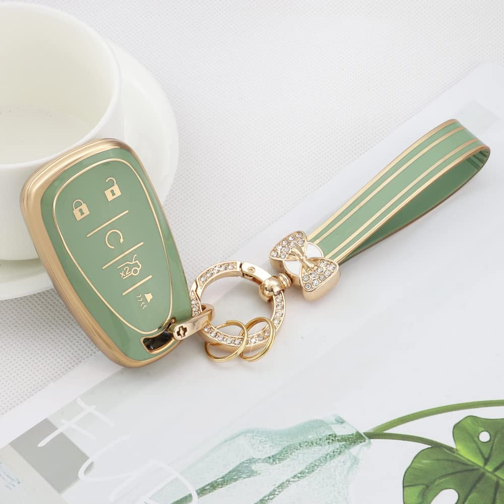 Stylish 5-Button TPU Key Fob Cover with Bling Keychain for Chevy Equinox Malibu Blazer Camaro Spark Traverse Trax Green Gold Protective Shell Case for Men and Women