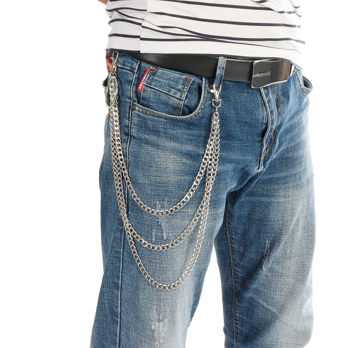 chain hanging from jeans