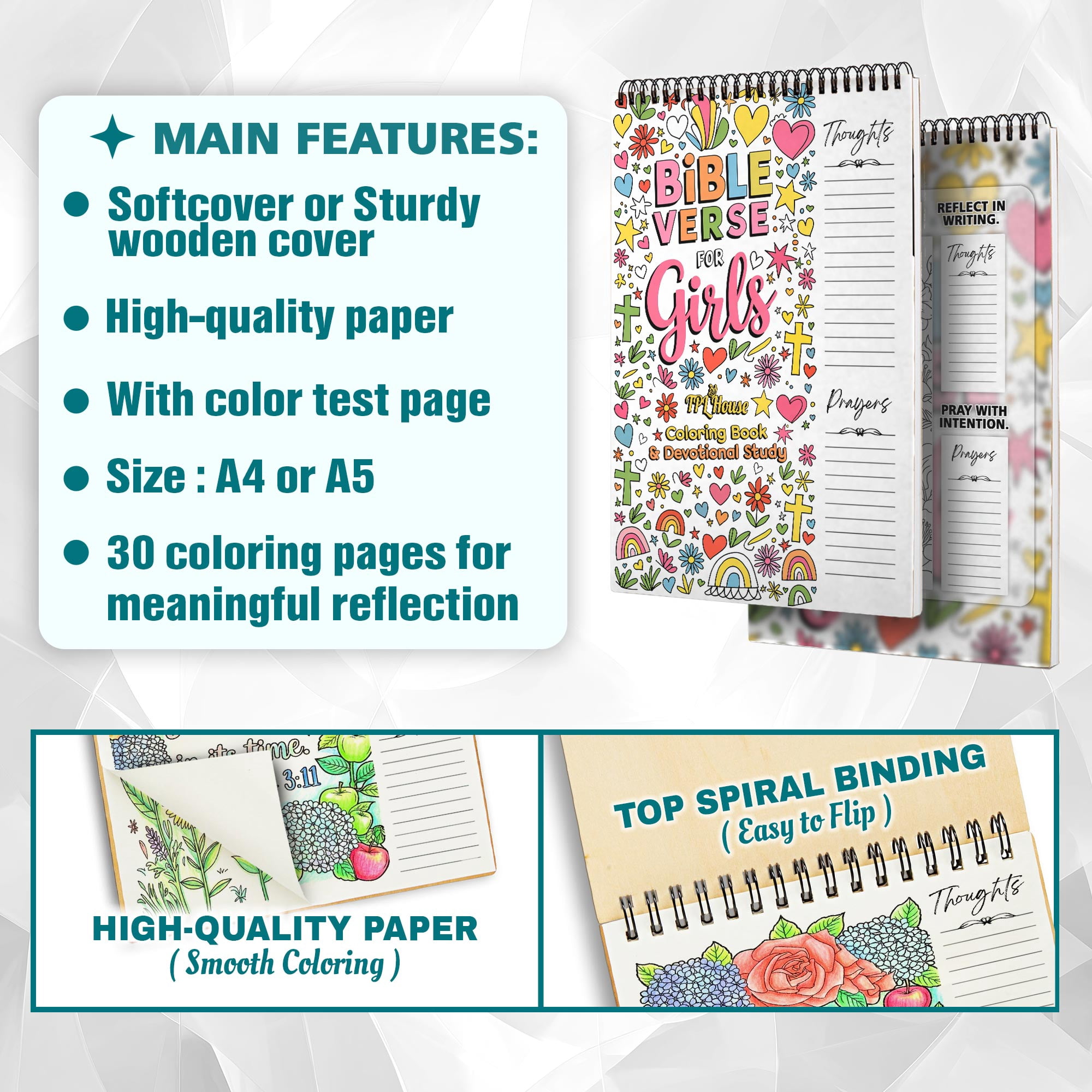 Bible Verse For Girls Coloring Book for Adults, 30 Minimalist Scripture Art Pages with Reflection & Prayer Space, Spiral Bound, A4 or A5 Softcover or Wood Cover