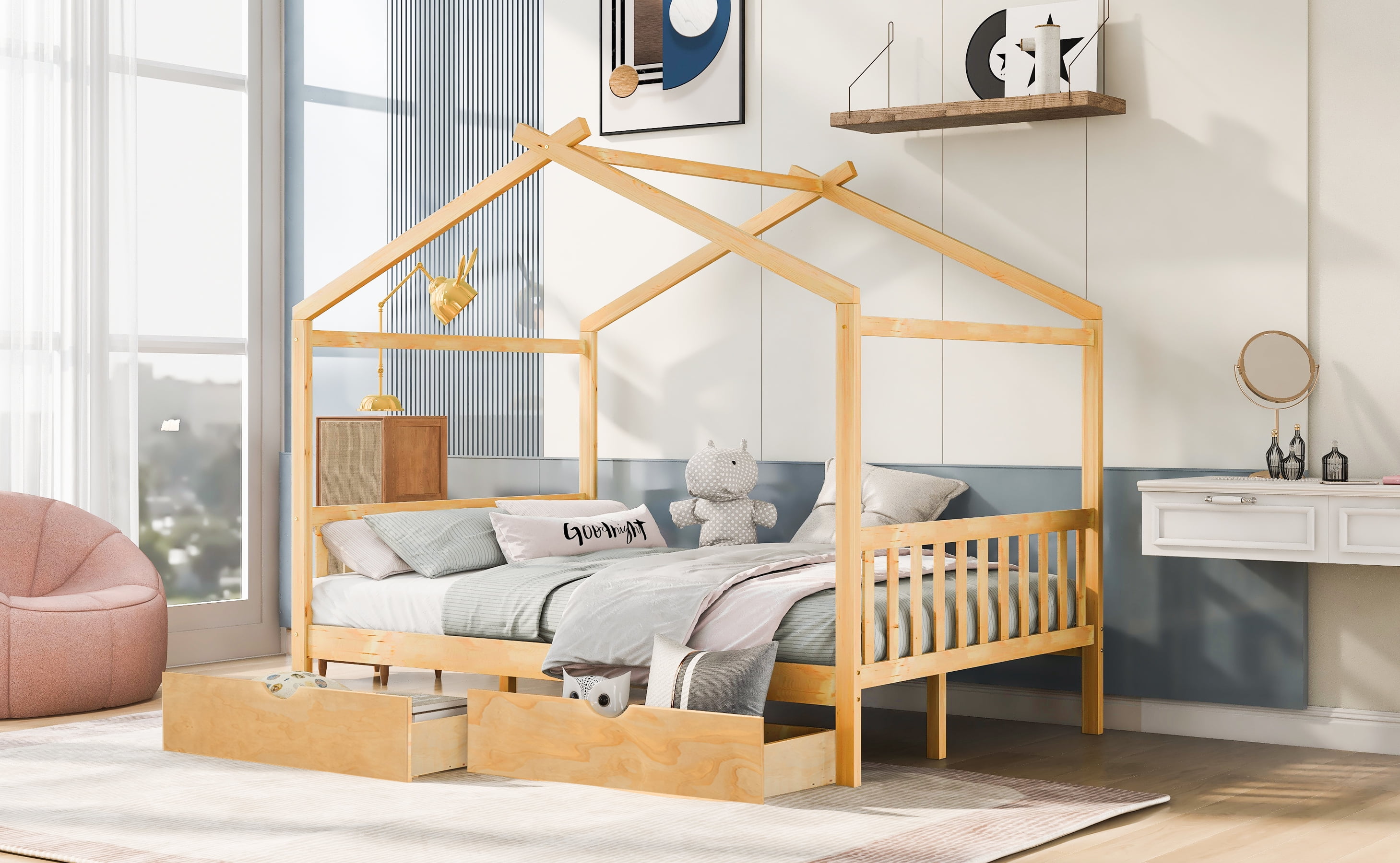 EUROCO Full Size House Bed with Two Drawers for Kids, Solid Wood Platform Bed for Living Room, Natural