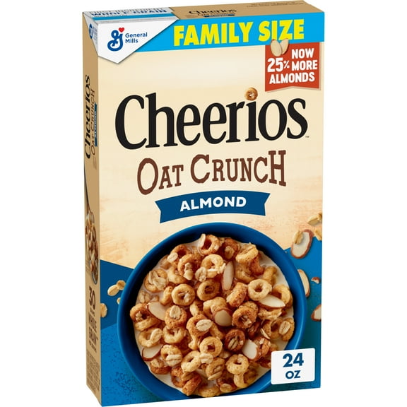 Cheerios Oat Crunch Almond Breakfast Cereal, Made with Whole Grain, Family Size, 24 oz