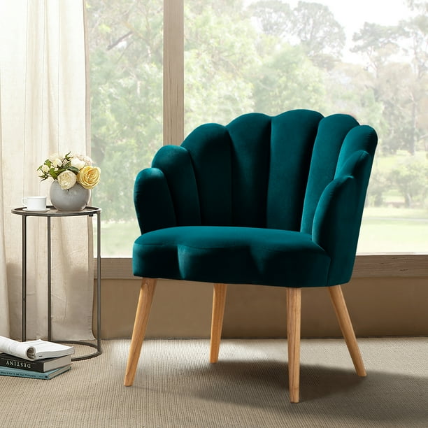 Flora Scalloped Velvet Arm Chair with Tufted Back in Teal