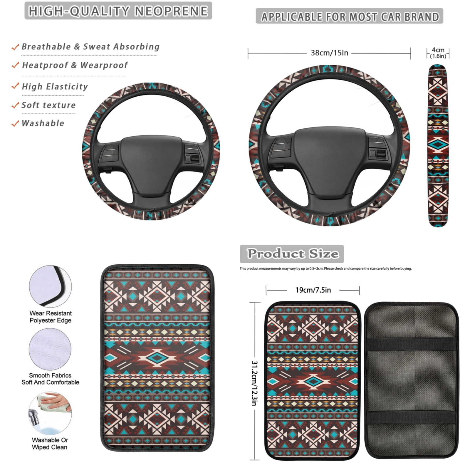 Yuyamidu Aztec Ethnic Gemoetric Car Seat Cover with Steering Wheel Cover Seatbelt Pads Armrest Cover Coasters Keychain, 13 PCS Auto Interior Accessories