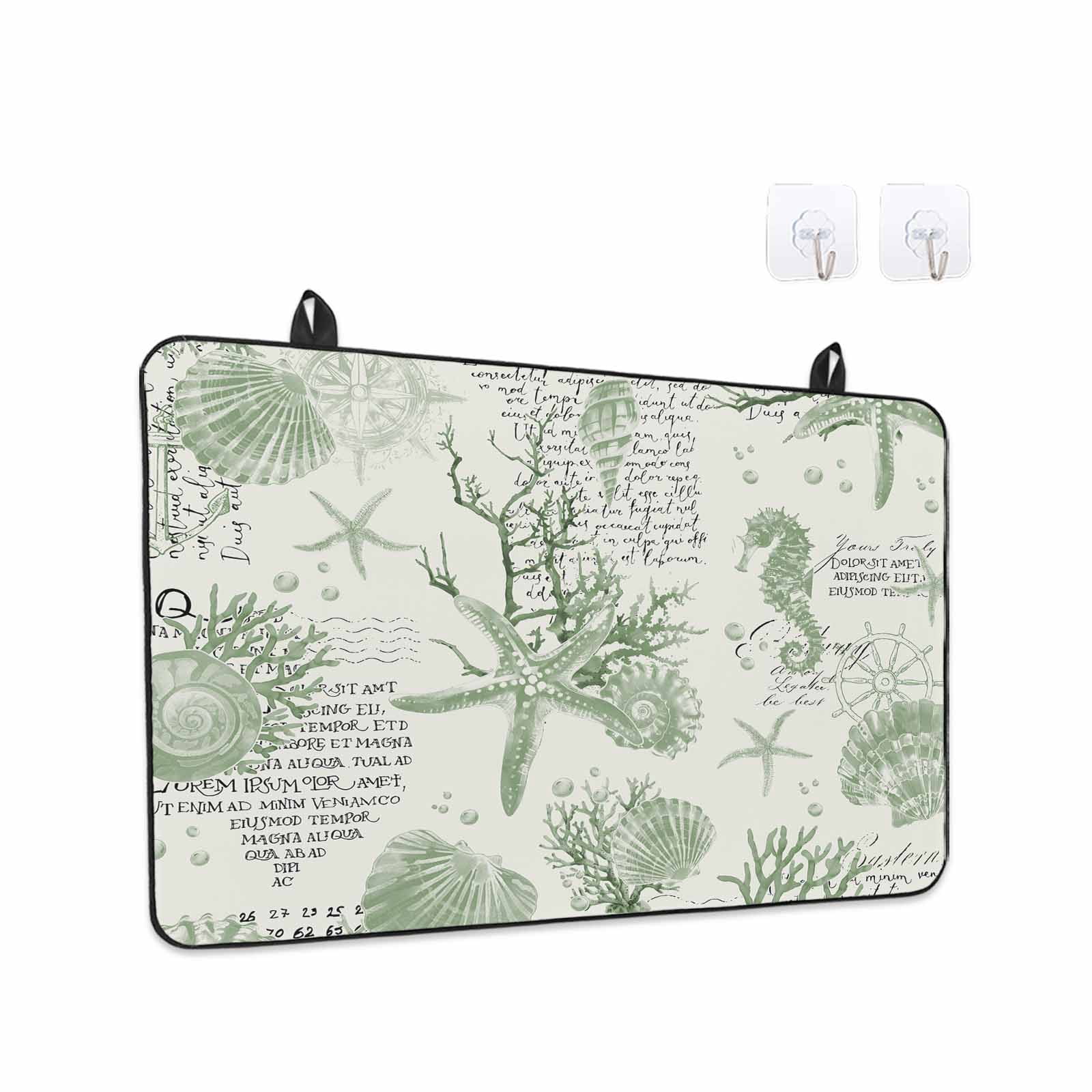 Sage Green Coastal Stove Top Cover for Electric Stove, Heat-proof & Non Slip Glass Top Stove Cover Protector, Coral Starfish Nautical Compass Kitchen Flat Cooktop Rubber Mat 24x21 Inches