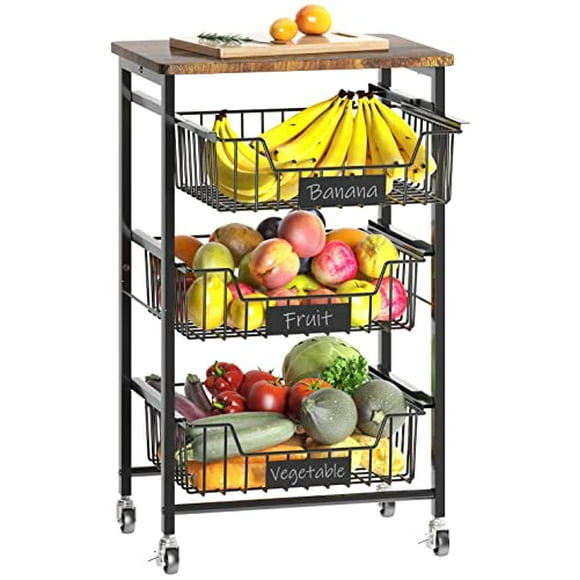 CHLORYARD 4-Tier Vegetable Fruit Basket Kitchen Storage Rolling Cart on Wheels with Pull-Out Baskets and Wood Top for Kitchen Diningroom Pantry